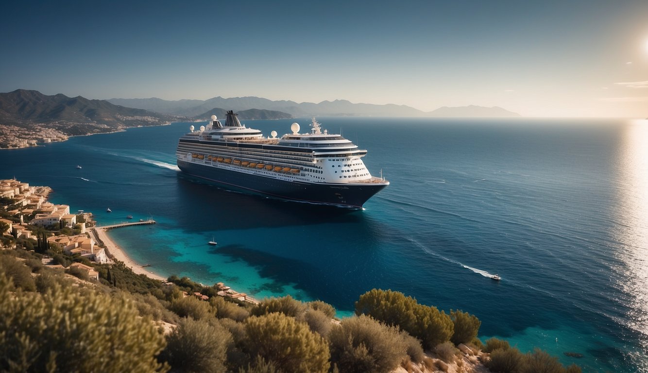 A cruise ship sailing through sparkling blue waters with scenic Mediterranean coastal towns in the background