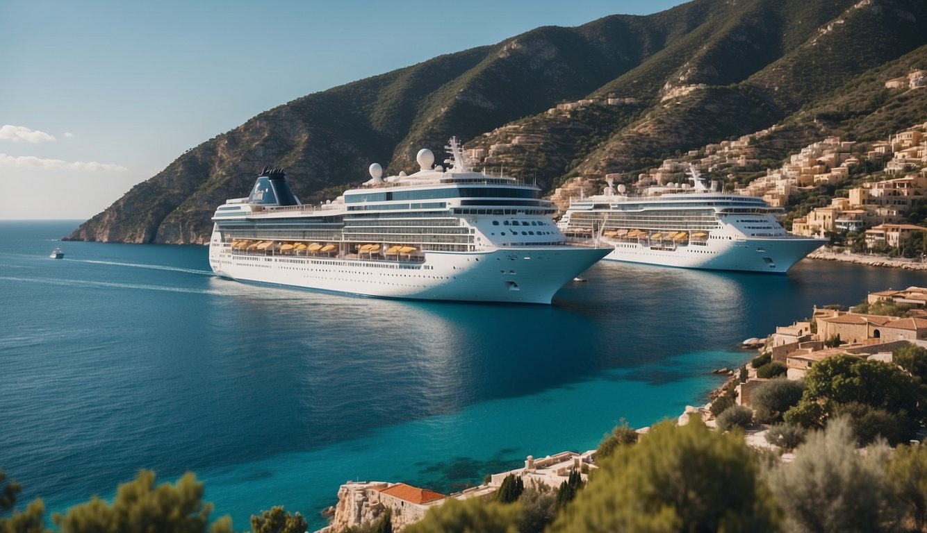 A cruise ship sailing through the crystal blue waters of the Mediterranean, surrounded by picturesque coastal towns and lush green hillsides