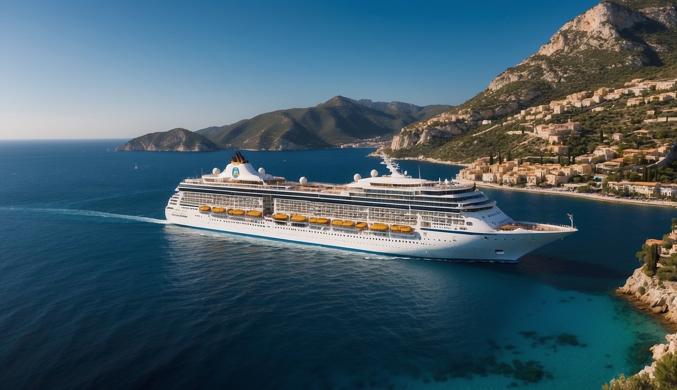 A cruise ship sailing through the sparkling blue waters of the Mediterranean, surrounded by picturesque coastal landscapes and historic architecture