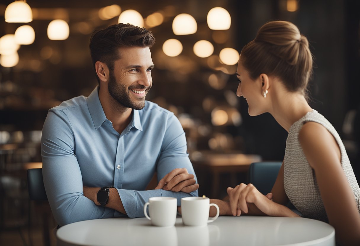 A couple sits at a table, openly discussing their open marriage. They gesture and make eye contact, conveying openness and honesty in their conversation
