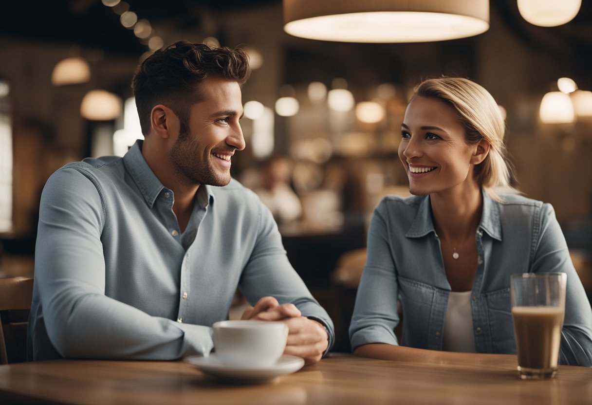 A couple sitting at a table, discussing their open marriage with open body language and relaxed expressions. A sense of openness and honesty in the conversation