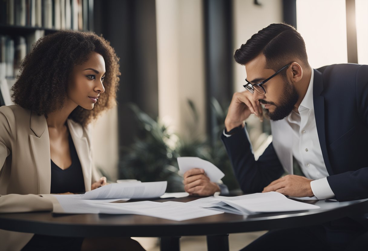 A couple sits at a table with legal and financial documents spread out, engaged in a serious discussion about the implications of an open marriage