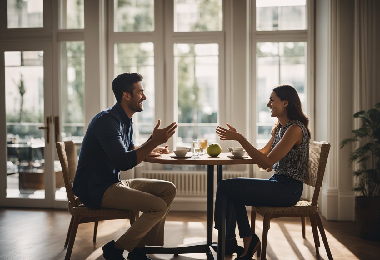 A couple sits at a table, openly discussing their open marriage and parenting approach. They are engaged in conversation, gesturing and smiling