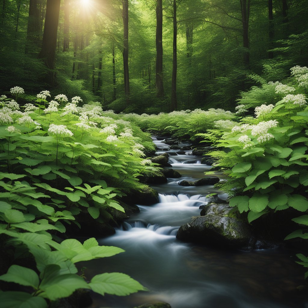A lush forest with black cohosh plants in bloom, surrounded by a serene stream and sunlight filtering through the trees