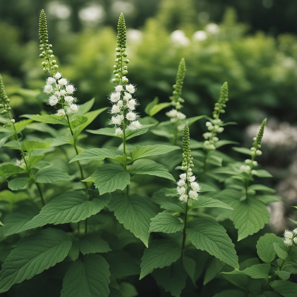 Black Cohosh plant in a historical setting, surrounded by herbal remedies and healing tools