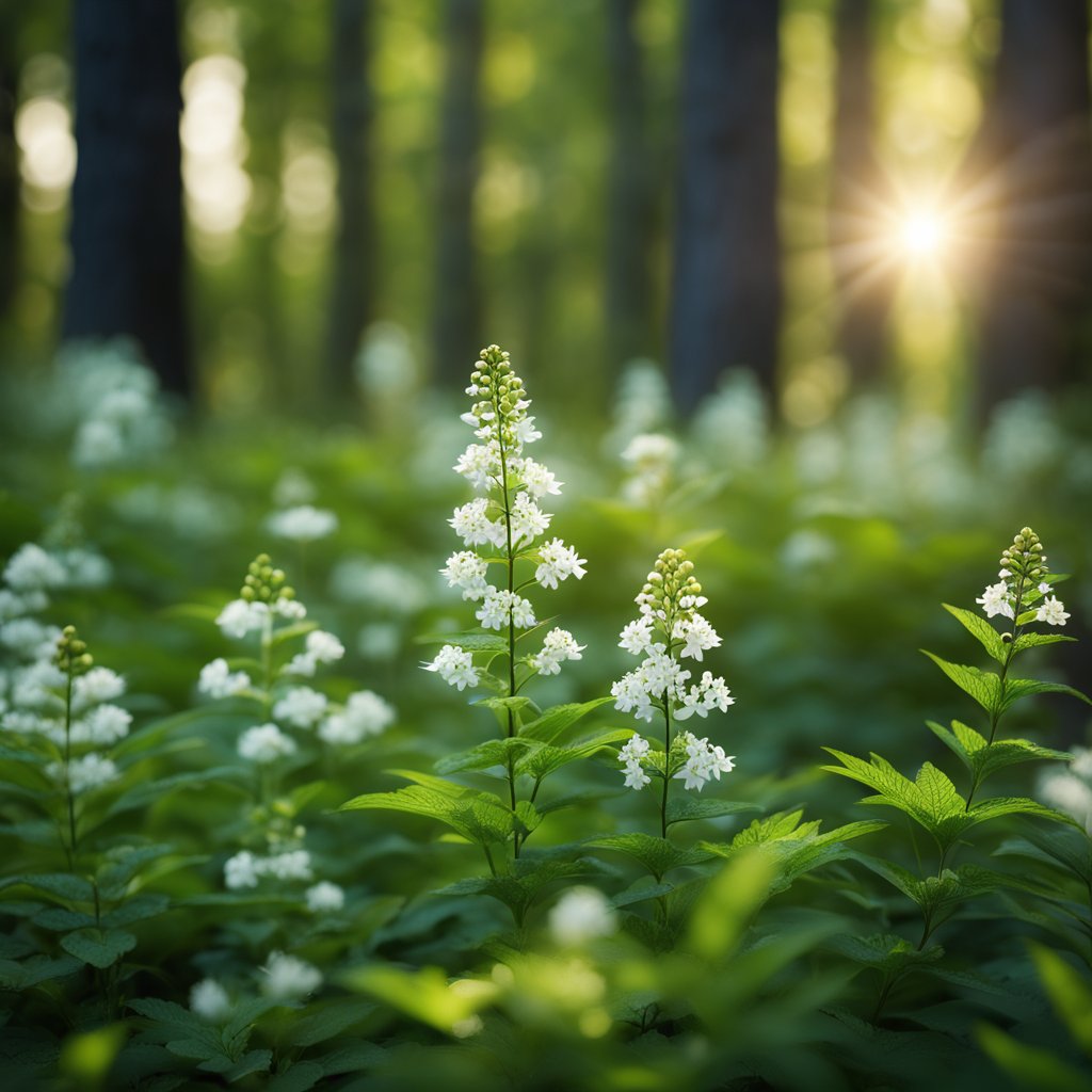 A serene forest clearing with black cohosh plants in bloom, surrounded by a soft glow of healing energy