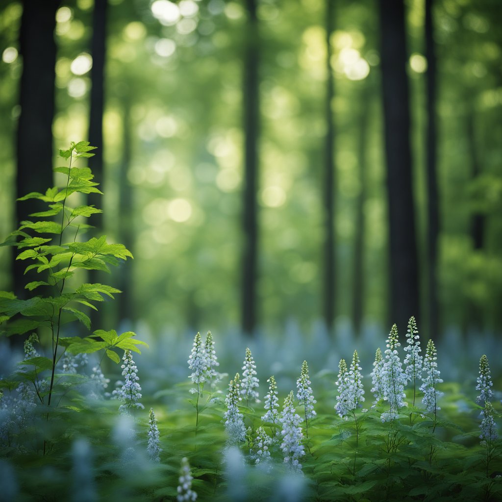 A serene forest clearing with vibrant black cohosh plants in bloom, surrounded by a peaceful aura of healing energy