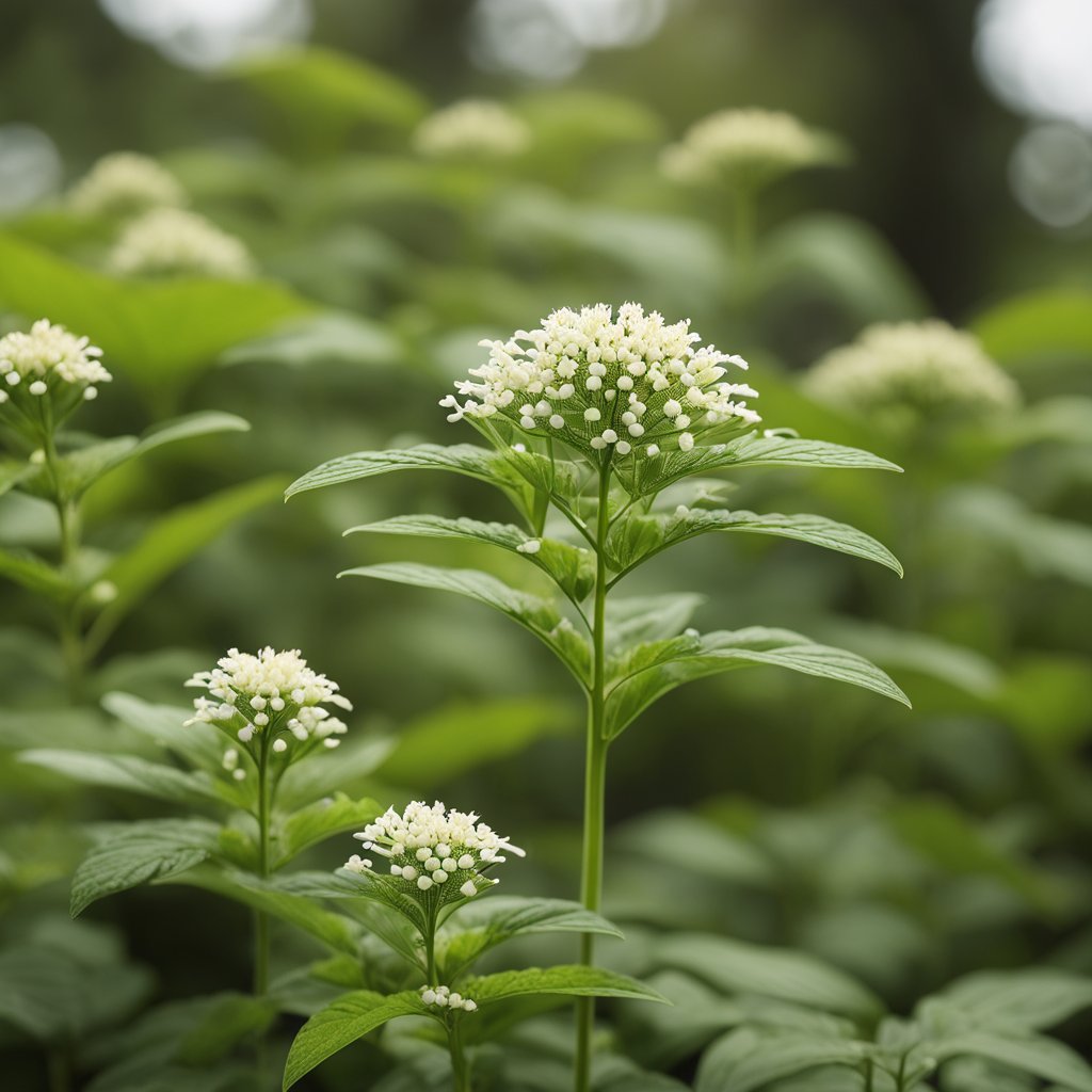 Black cohosh plant with dosage guidelines and safety information displayed in clear, legible text. Illustrate the plant in a natural setting with a focus on its healing properties