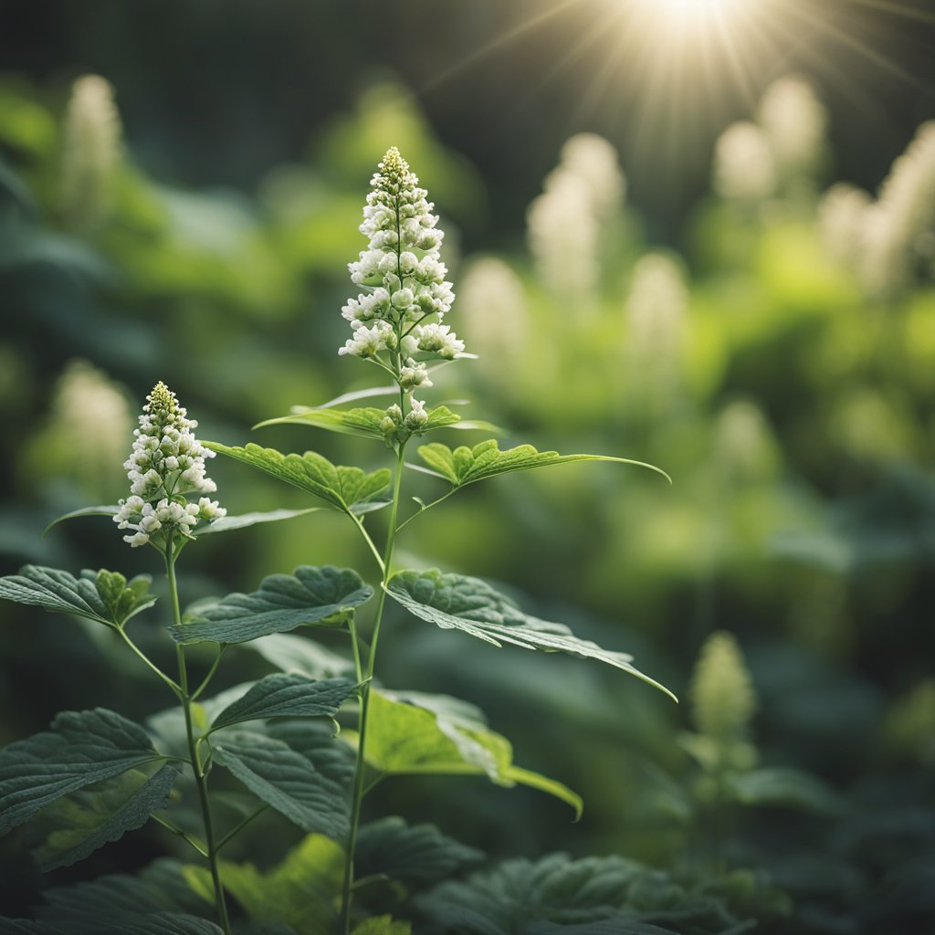 Black Cohosh plant towering over other herbal remedies, radiating healing energy