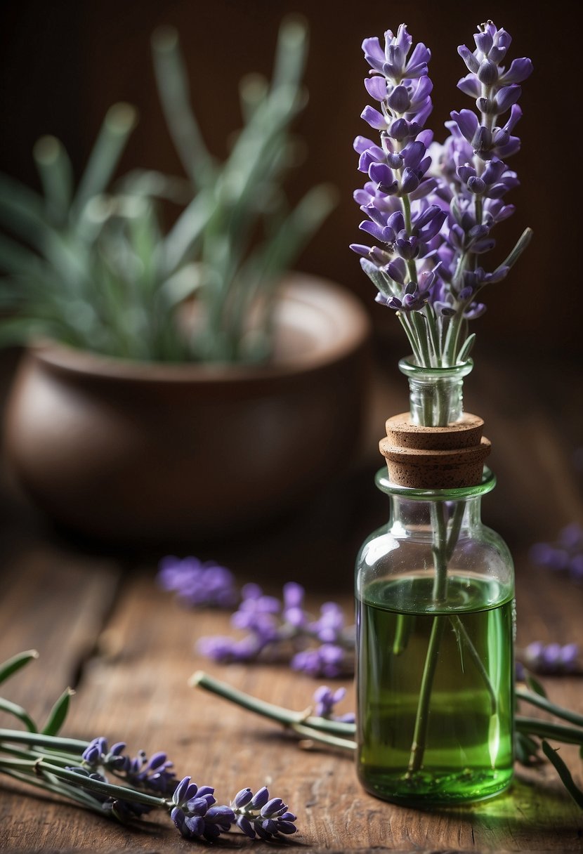 A bottle of essential oil sits on a wooden table, surrounded by a few sprigs of fresh lavender and eucalyptus leaves. The label on the bottle reads "Sore Muscle Relief."