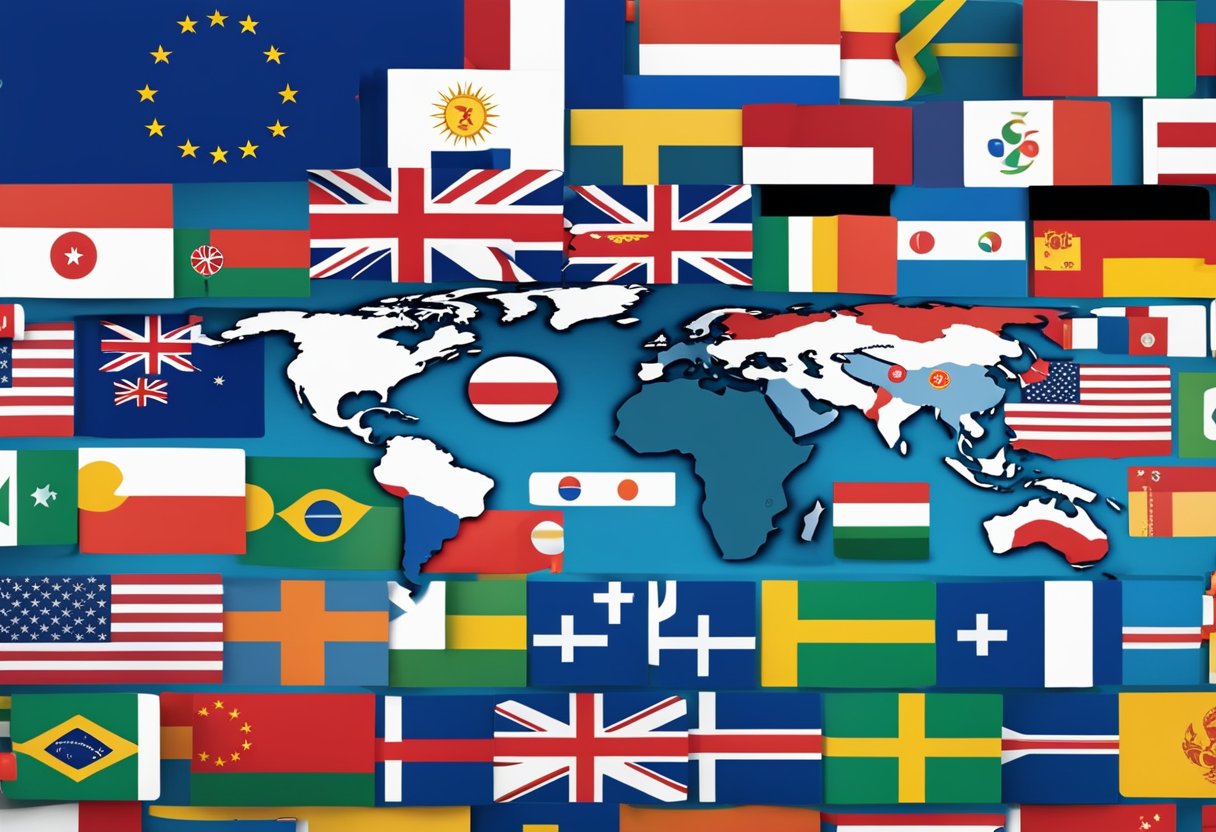 A world map with Google and Bing logos, surrounded by international flags and currency symbols