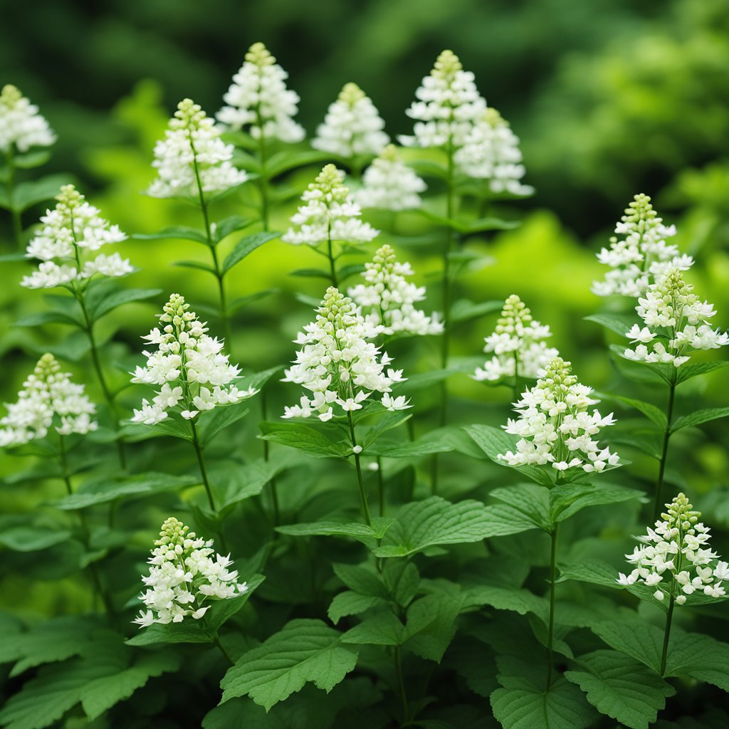 A vibrant black cohosh plant stands tall, surrounded by lush green foliage. Its delicate white flowers and intricate leaves exude a sense of healing and vitality