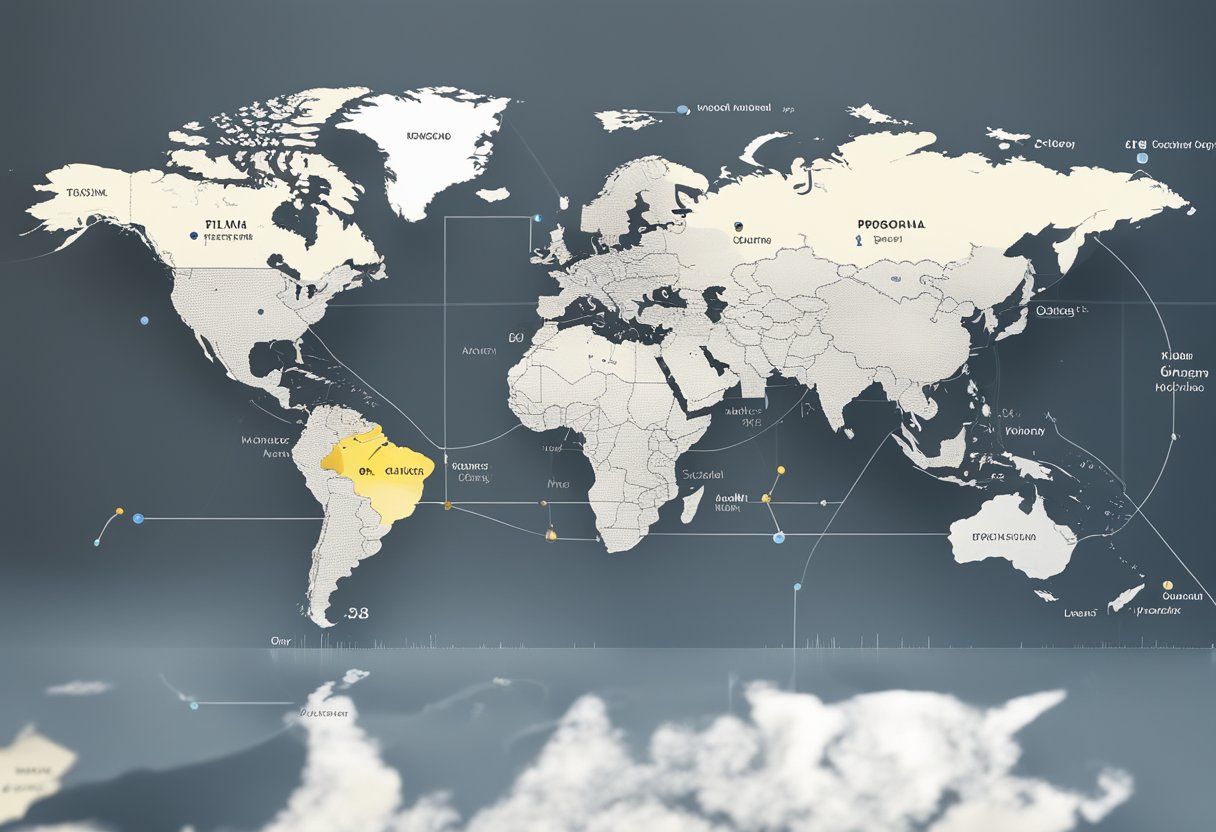 A world map with highlighted regions, Google and Bing logos, and upward trending graphs