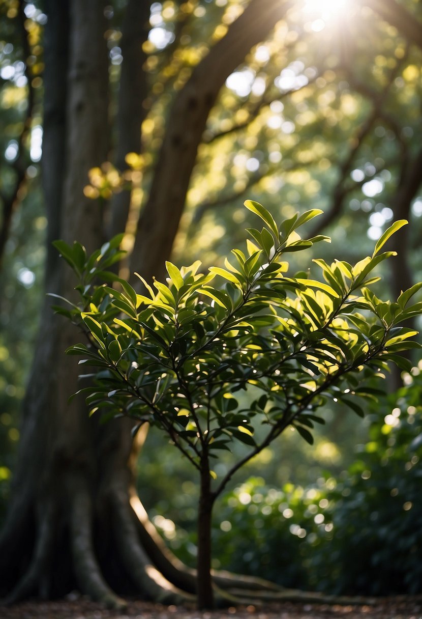 A bay laurel tree stands tall in a lush forest, with glossy green leaves and small yellow flowers. The sun shines through the branches, casting dappled light on the forest floor