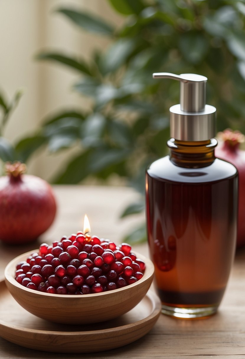 A serene spa setting with a bowl of pomegranates, a bottle of pomegranate essential oil, and a diffuser emitting a calming aroma