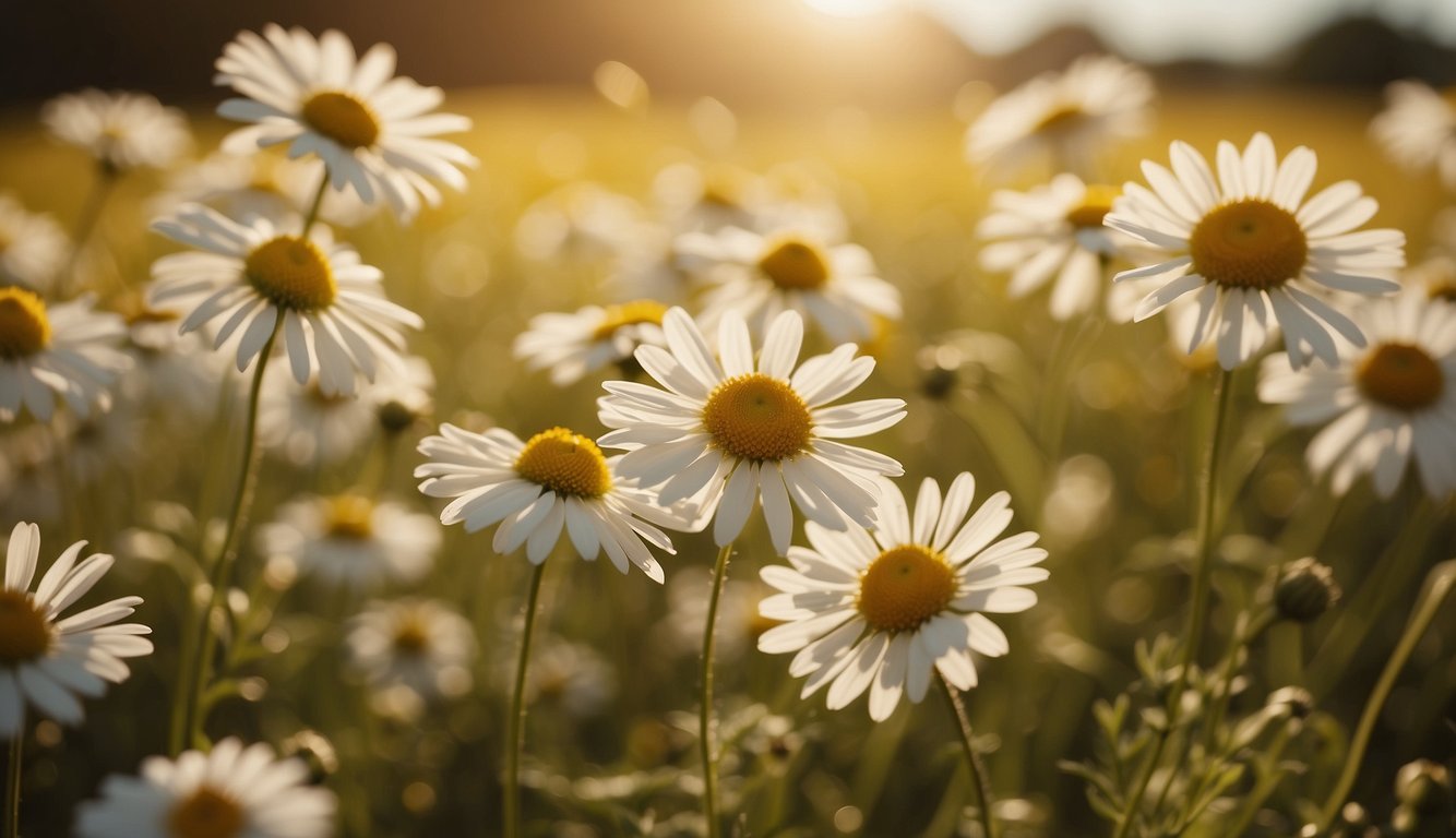 A field of chamomile flowers bathed in golden sunlight, their delicate white petals swaying in the gentle breeze, emitting a soothing and calming fragrance