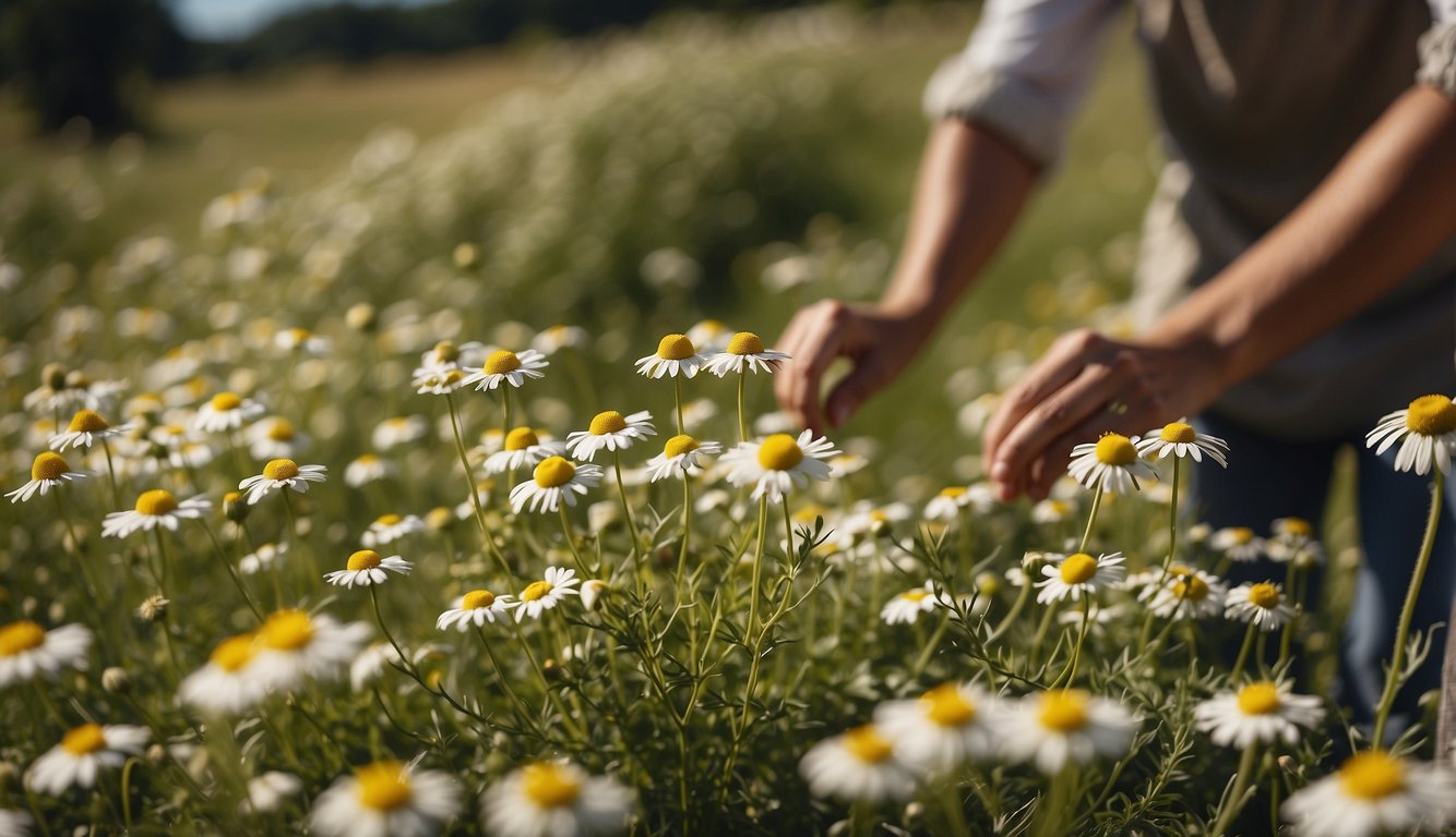 Chamomile flowers being harvested and prepared for healing purposes in a historical setting