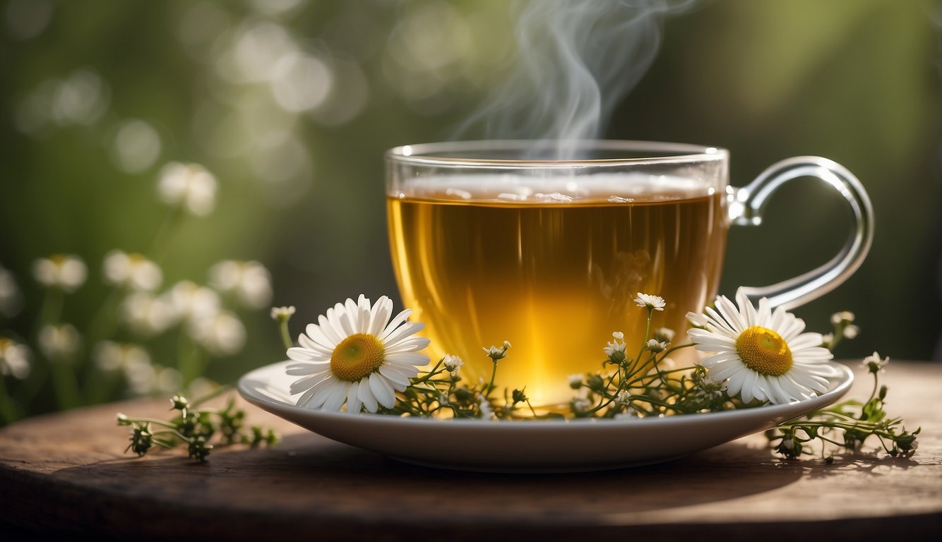 A cup of chamomile tea surrounded by soothing herbs and flowers, with a gentle steam rising