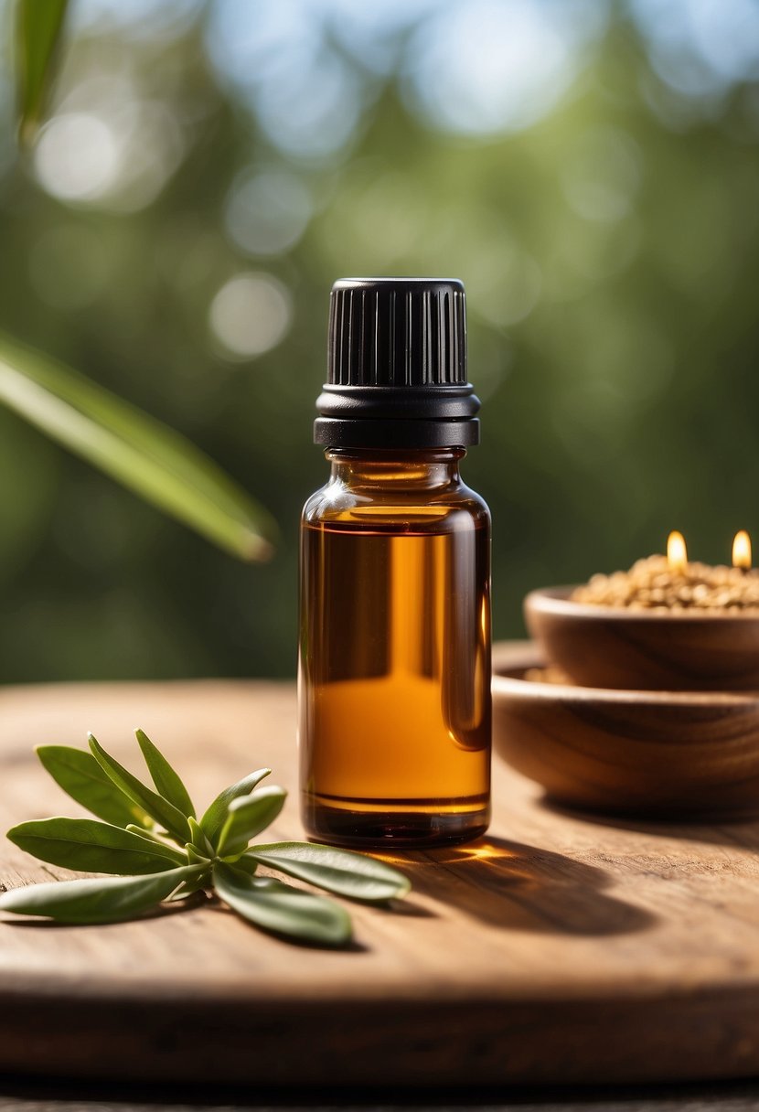 A small bottle of sandalwood essential oil sits on a wooden surface, accompanied by a dropper and a diffuser. The room is filled with a calming aroma