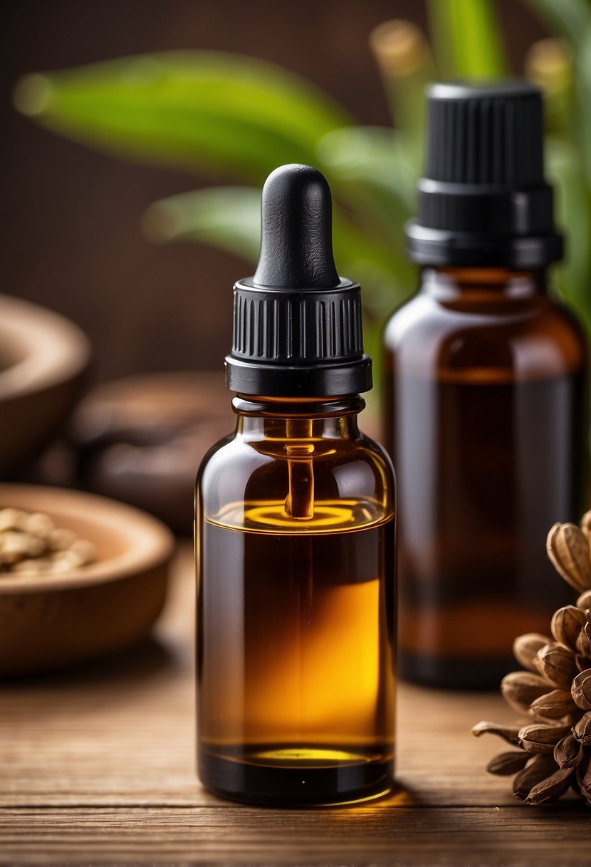 A bottle of sandalwood essential oil sits on a wooden shelf, surrounded by other essential oils. A small dropper is next to the bottle, ready for use