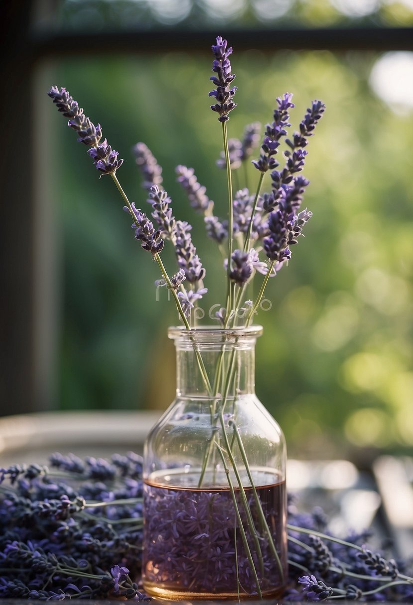 Lavender flowers are harvested and placed in a distillation tank with water. The tank is heated, causing the flowers to release their essential oil, which is then collected and separated from the water