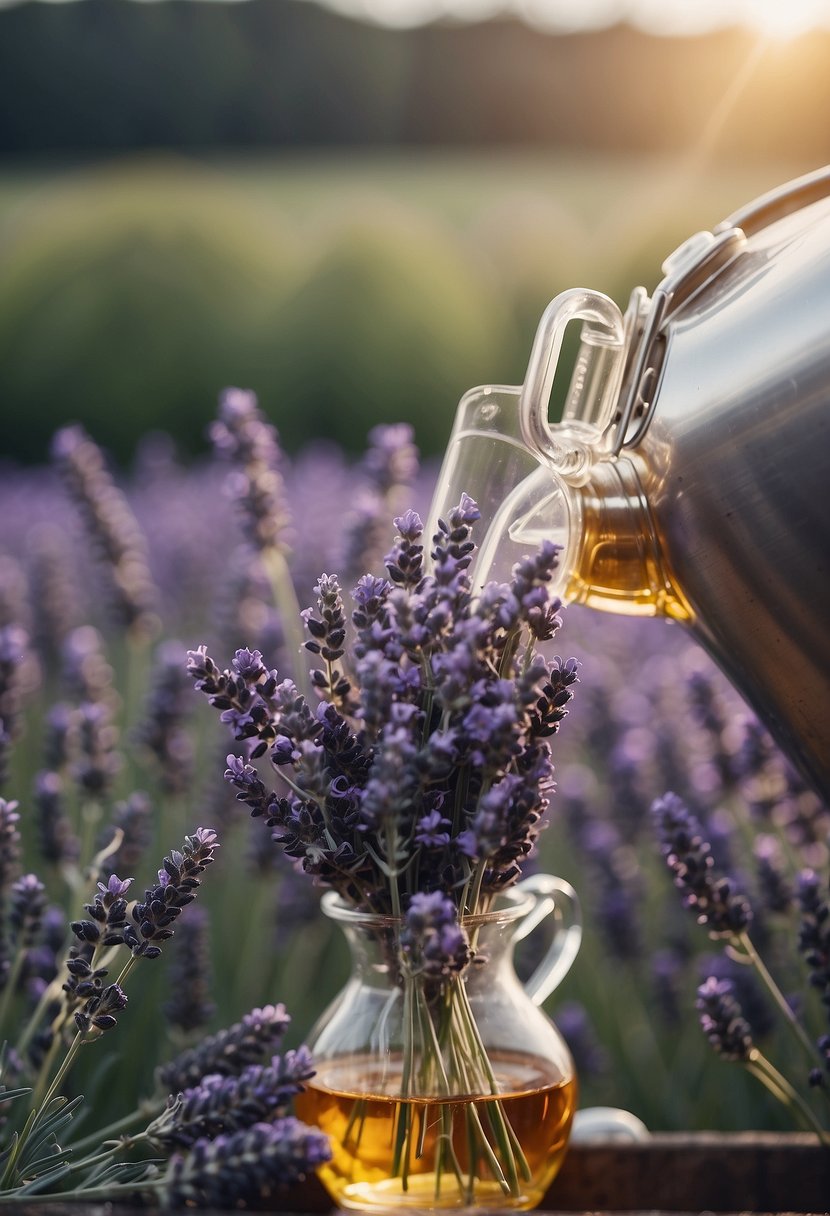 Lavender flowers being harvested and placed into a distillation apparatus. Steam passes through the flowers, extracting the essential oil