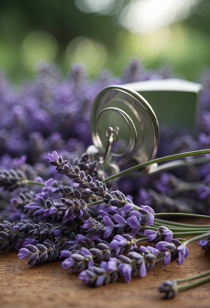 Lavender plants being cut and gathered. Distillation equipment in use, extracting essential oil