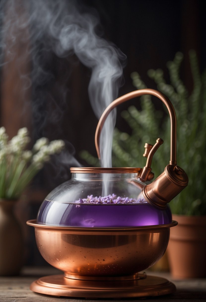 A copper still heats lavender flowers in water. Steam rises, carrying essential oil. It cools, condenses, and collects in a separate container