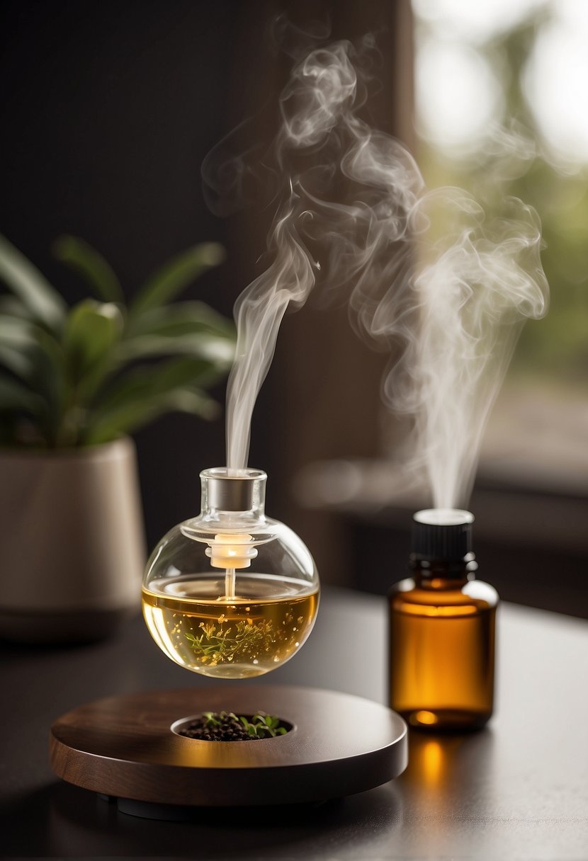 A diffuser emits essential oils into the air, creating a calming atmosphere