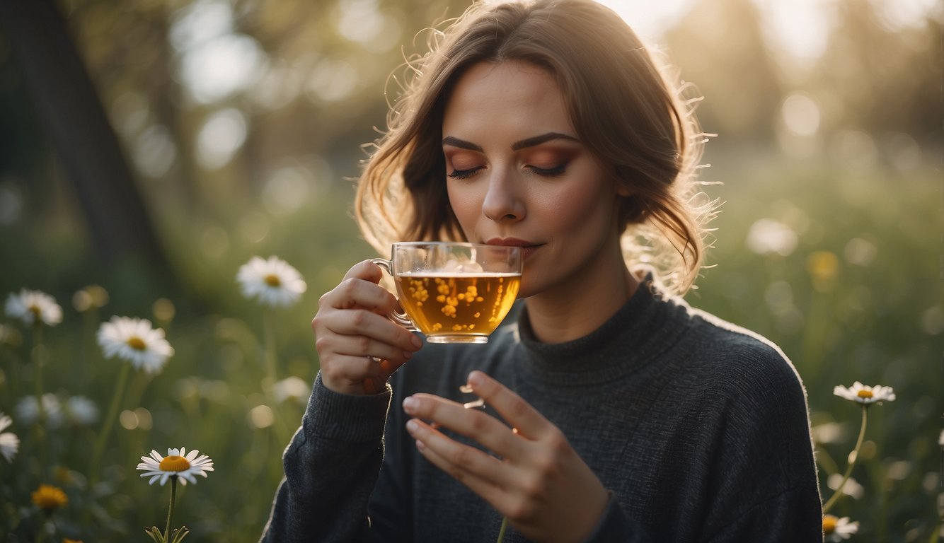 A woman peacefully sipping chamomile tea, surrounded by a calming and healing aura