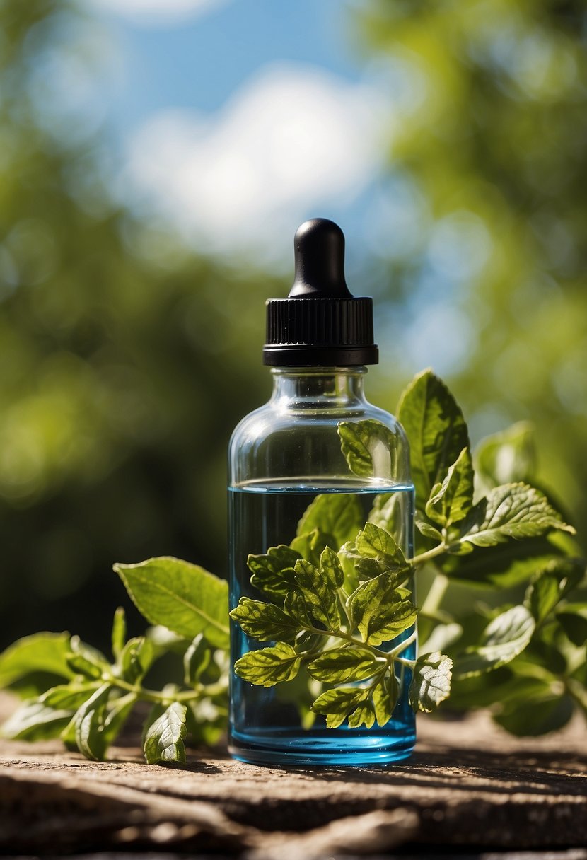 A bottle of essential oil surrounded by question marks and caution signs, with a contrasting background of green leaves and a clear blue sky