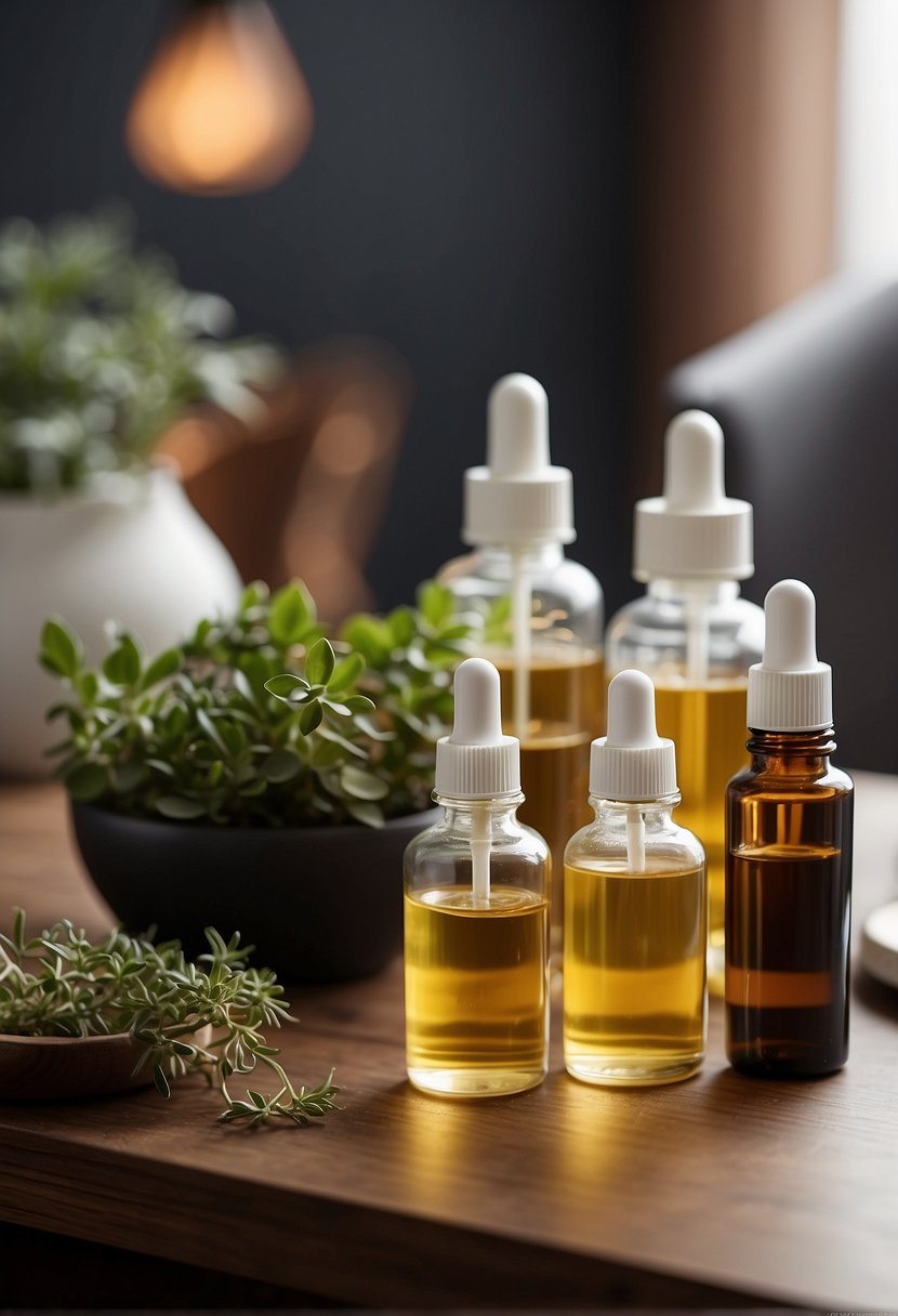 Healthcare professionals discussing essential oil safety. Tables with diffusers, bottles, and informational materials. Bright, welcoming atmosphere