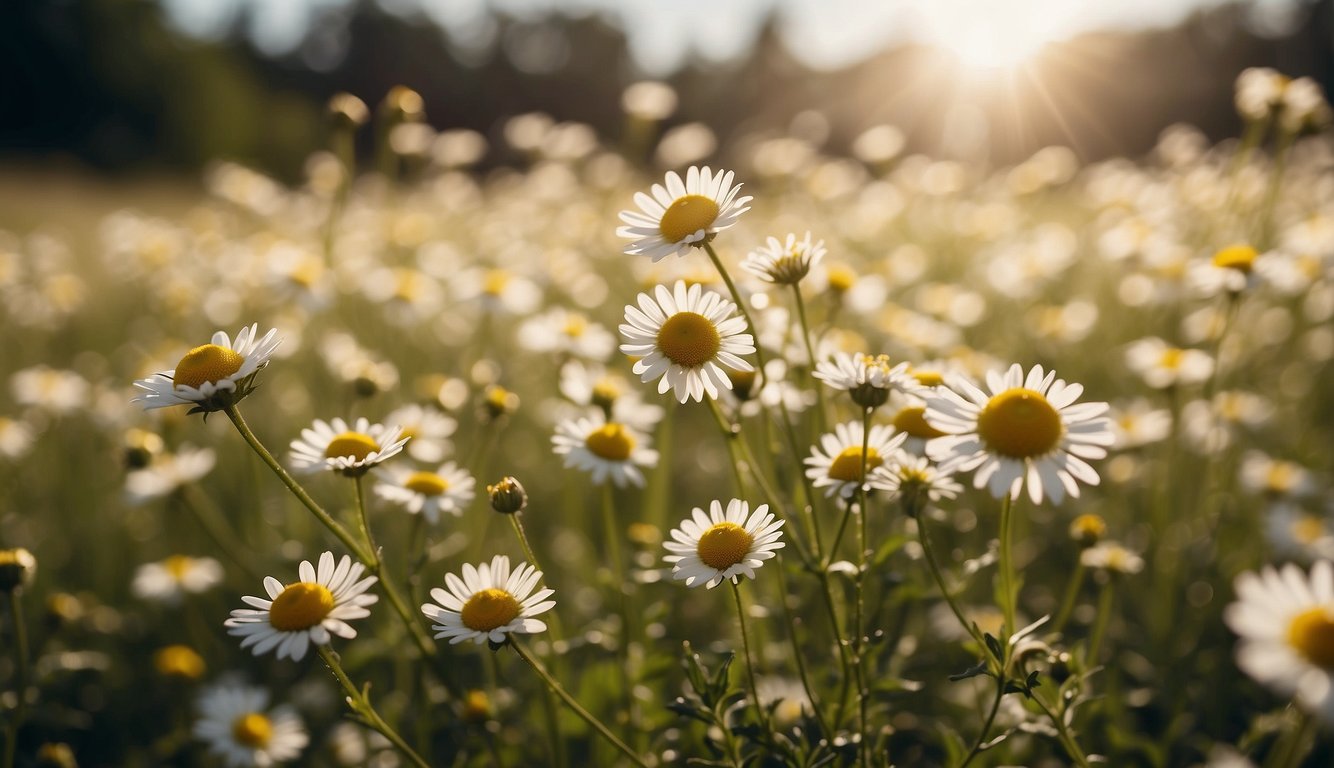 A field of chamomile flowers in full bloom, with the sun shining down on them, surrounded by a serene and peaceful atmosphere