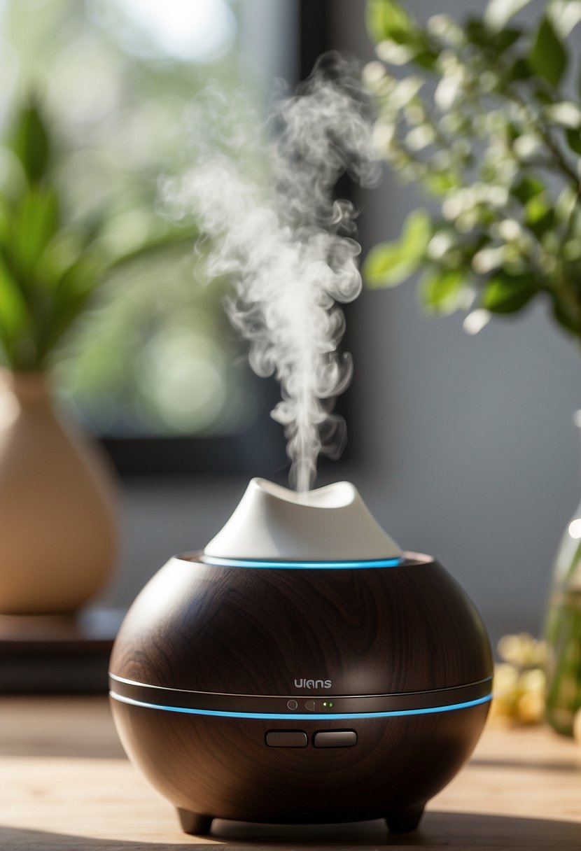 A diffuser emits essential oils into the air, creating a calming atmosphere. A person sits nearby, inhaling the pleasant aroma