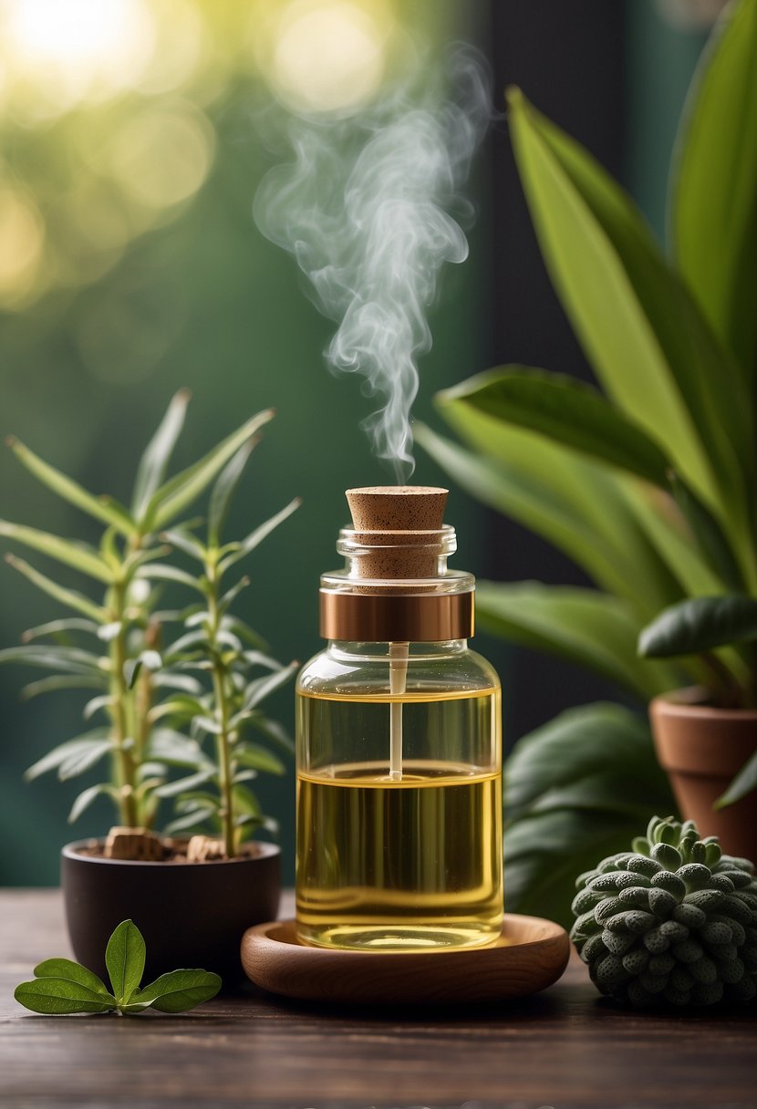 A serene scene of diffuser emitting essential oils, surrounded by plants and natural elements, creating a peaceful and calming atmosphere