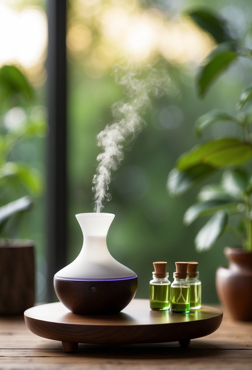 Aromatherapy diffuser releasing essential oils into the air, with a serene atmosphere and soft lighting for relaxation and wellness