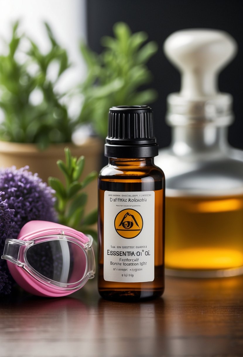 A bottle of essential oil with a warning label, surrounded by safety goggles, gloves, and a ventilation mask