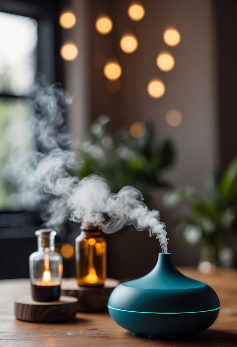 A serene room with diffuser emitting essential oils. A person inhales deeply, looking relaxed and content