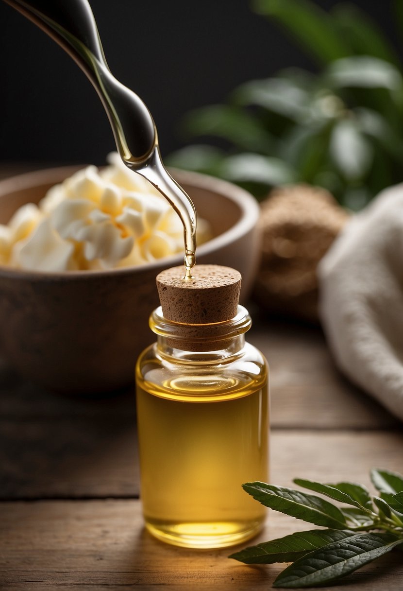 A small glass dropper releasing essential oil into a bowl of body butter