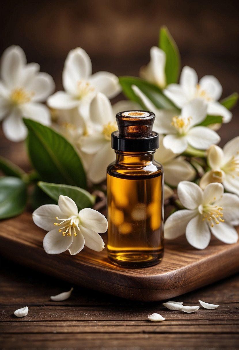 A small bottle of vanilla essential oil sits on a wooden table, surrounded by fresh vanilla beans and delicate white flowers. The warm, sweet aroma fills the air