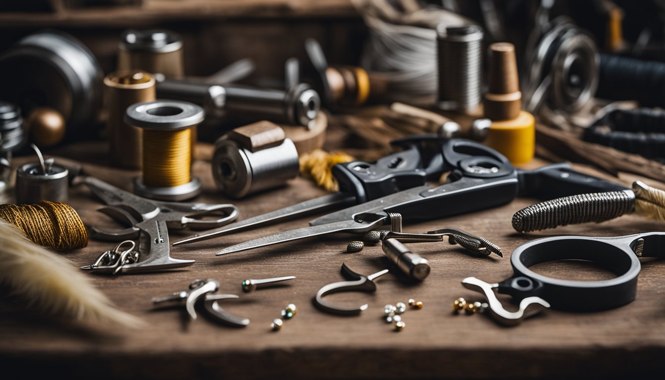 A workbench holds various tools and materials: feathers, hooks, thread, and beads. A pair of pliers and a vise are nearby