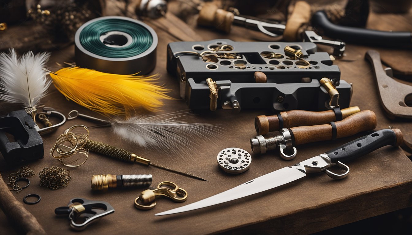 A workbench with various tools and materials laid out for making fly fishing lures. A vise holds a hook while feathers and threads are ready for use