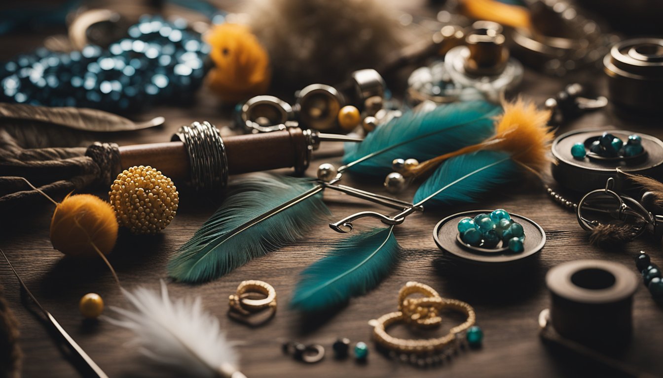 A table covered in feathers, beads, and hooks. Tools scattered around. A hand tying a knot in fishing line