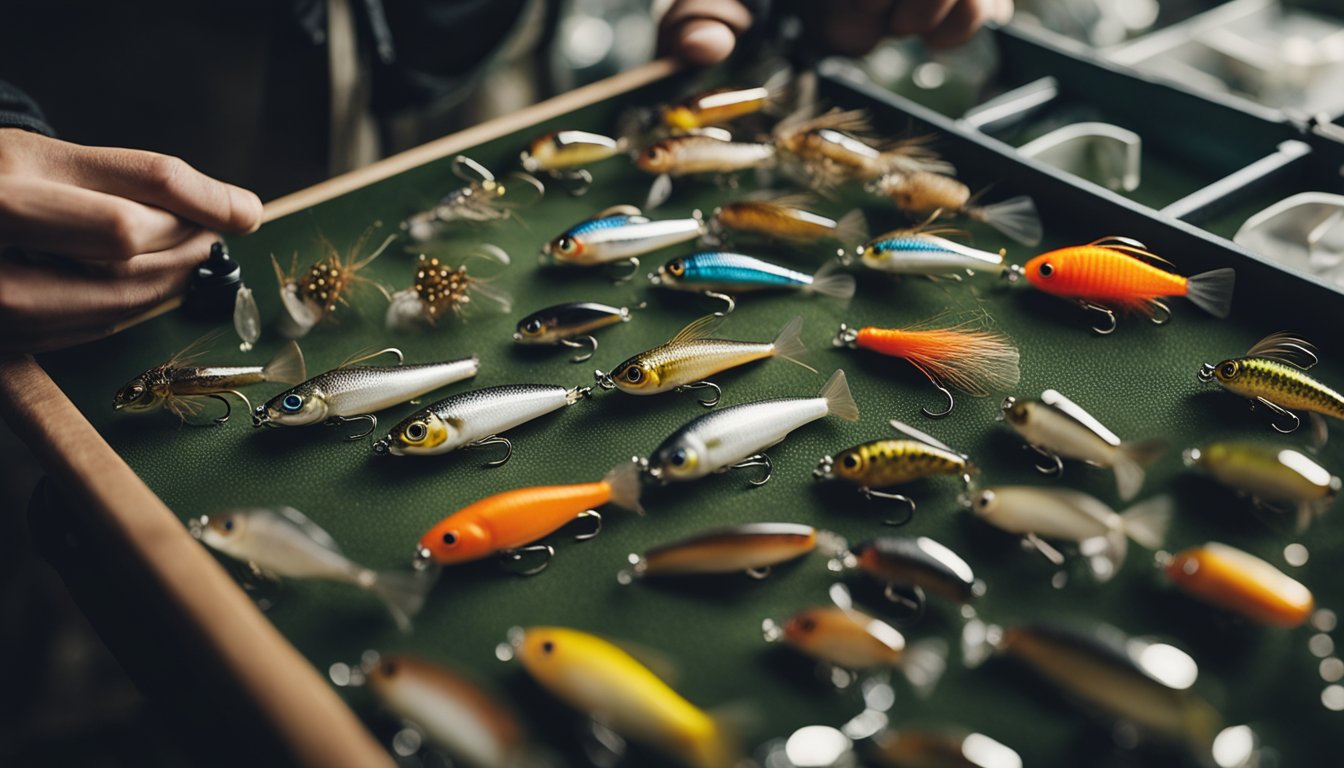 An angler selects materials, shapes, and assembles fly fishing lures. They test the lures in water to ensure they attract fish