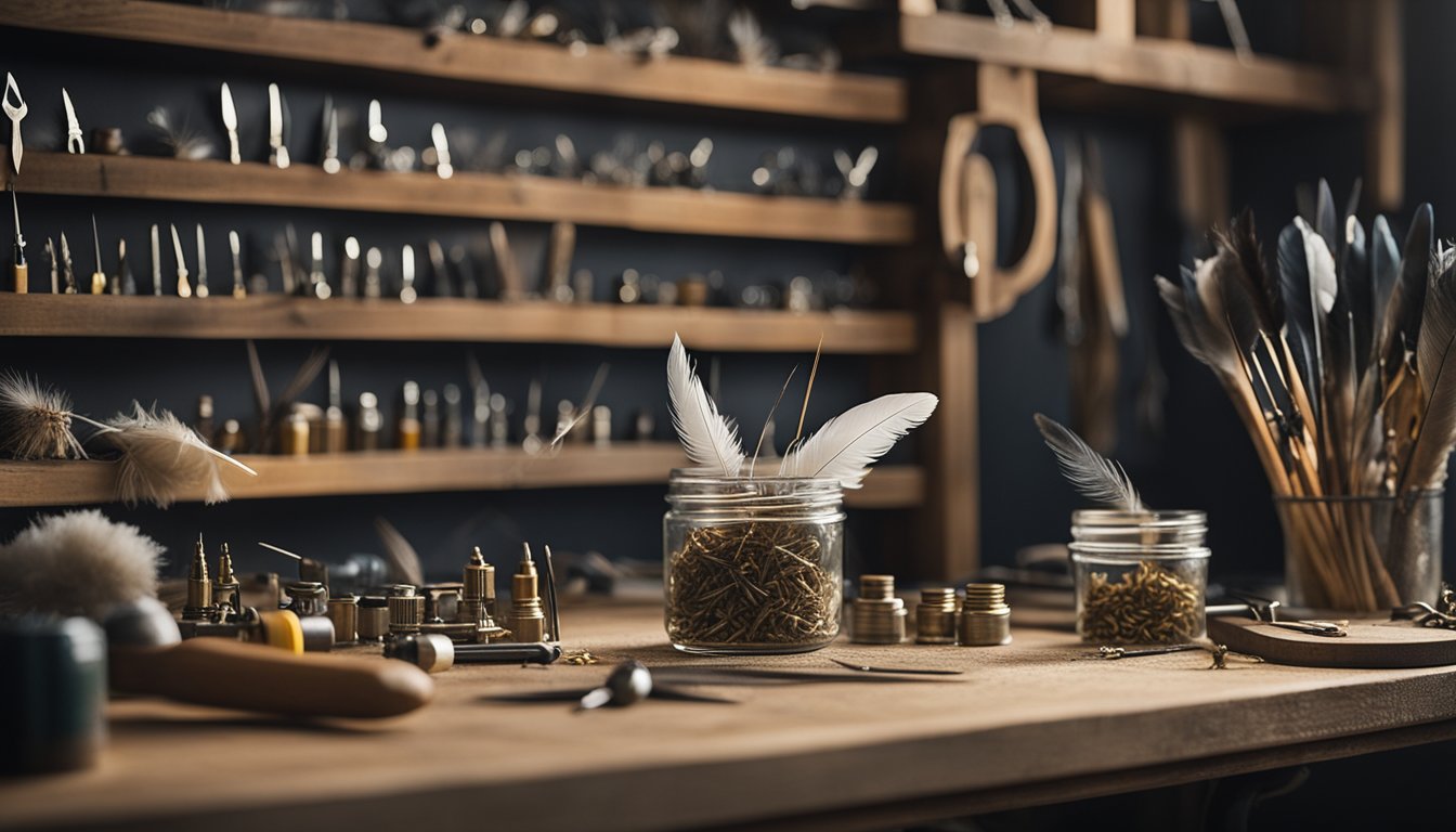 A workbench with tools, feathers, and hooks. A hand tying a fly. Shelves filled with lure-making materials