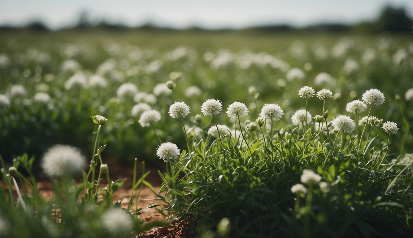 Lush greenery of wild onion, chickweed, and lamb's quarters growing in the Oklahoma landscape