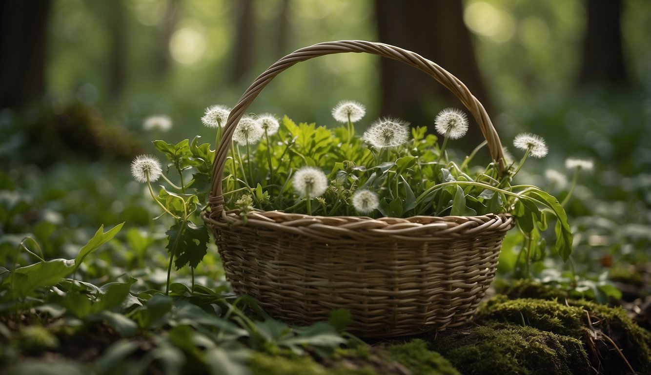 A lush forest floor with various wild edible plants like dandelion, chickweed, and wild garlic. A forager gathers them in a woven basket