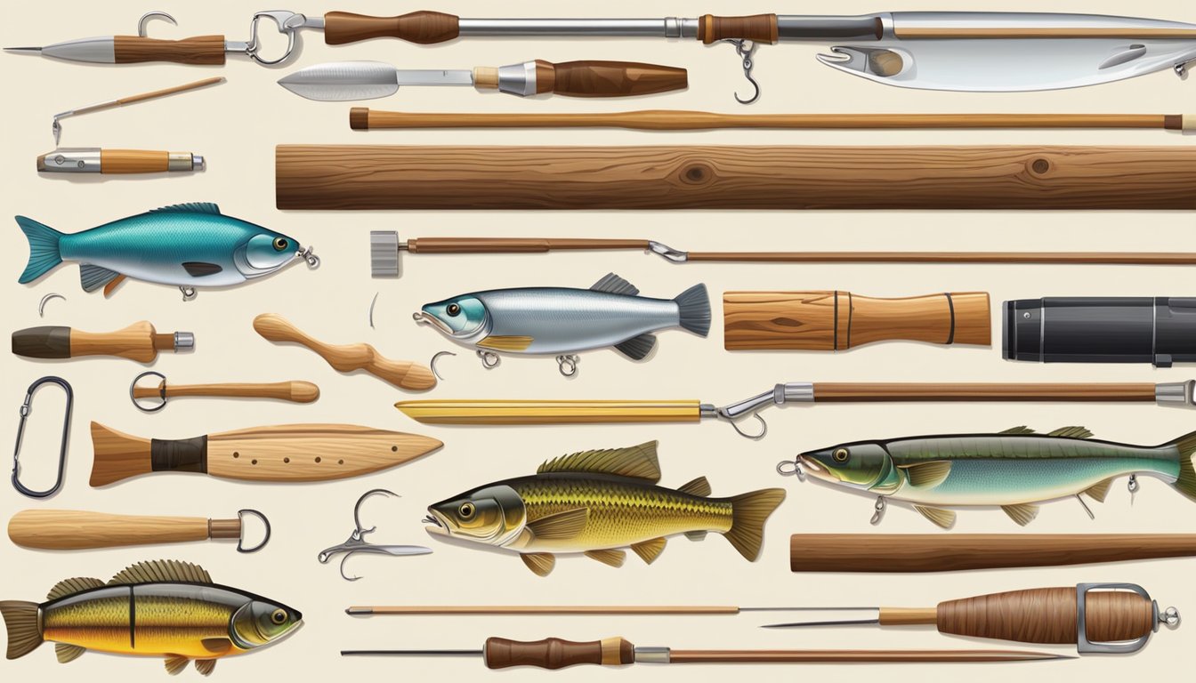 A table with various types of wood, tools, and fishing lure designs laid out for selection and construction