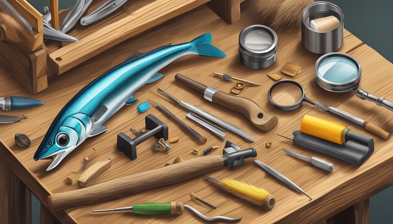 A workbench with various tools and wood pieces, a magnifying glass for detail, and a finished wooden fishing lure displayed on a stand