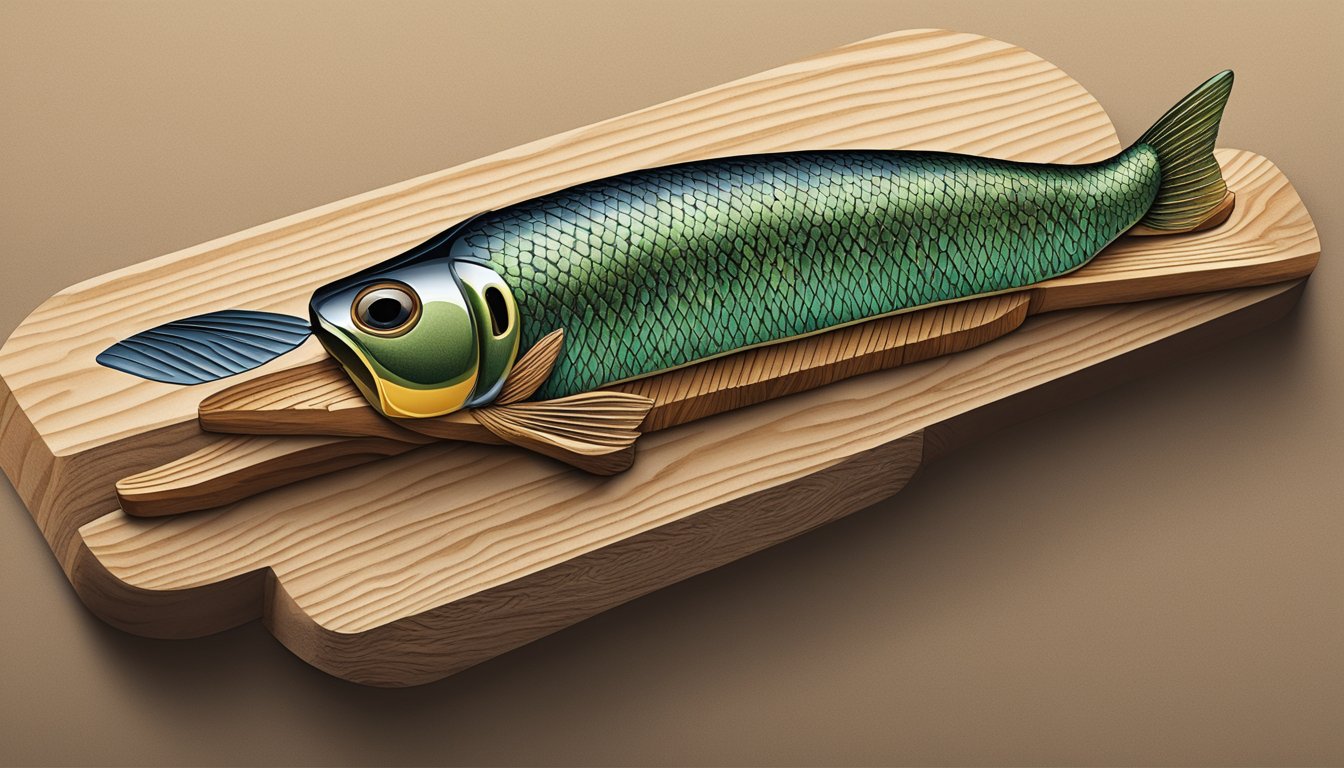 A wood carving tool carves a fishing lure from a block of wood, creating intricate details and shaping the lure's body